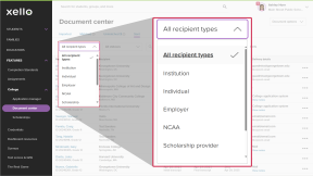 Transcripts page in Xello, the Sent tab is open. The "All recipient types" dropdown is open showing different options such as "Institution", "Individual", "Employer", "NCAA" and more